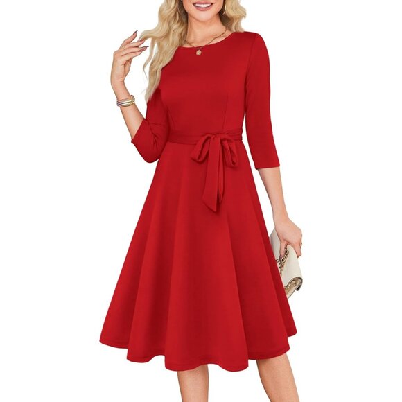 Women's Burgundy 3/4 Sleeve Vintage Flattering A-line Vintage Cocktail Dresses - Picture 2 of 5